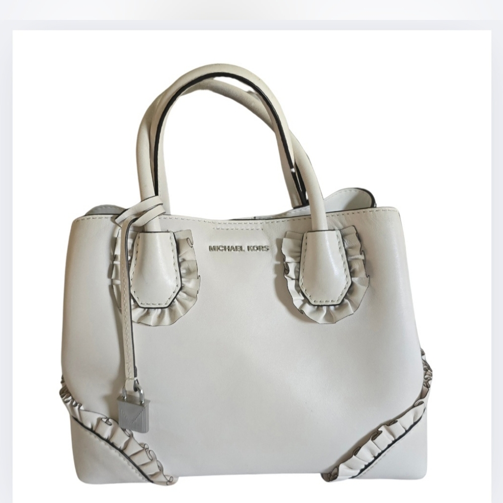 Michael Michael Kors Mercer Gallery Bag Ruffled White Leather Satchel Purse - Picture 4 of 16